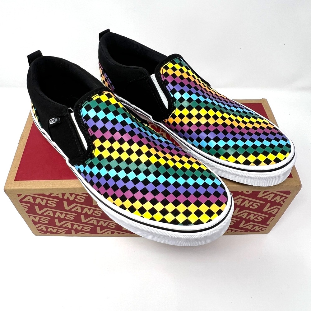 Vans Unisex Sizeβ 6 Asher Slip-On Sneaker Rainbow Checkerboard VN0A38DSAQ8